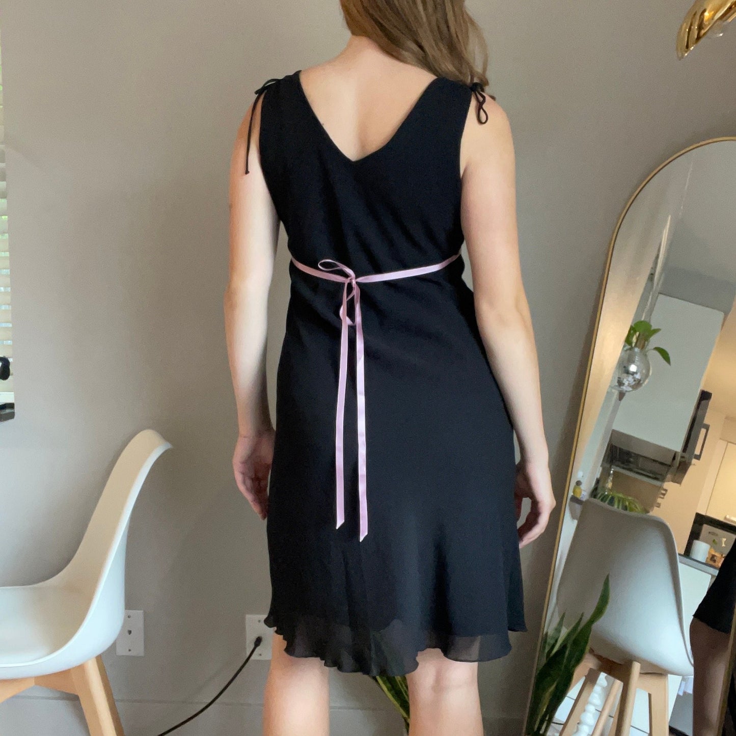 Vintage 90's Black Midi Dress With Pink Ribbon