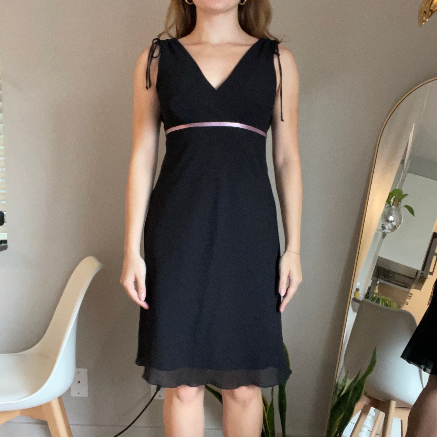 Vintage 90's Black Midi Dress With Pink Ribbon