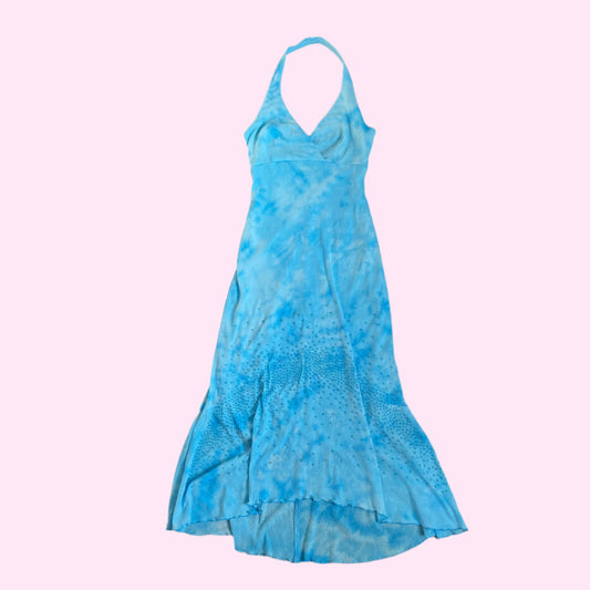 Vintage Blue Beaded Halter Formal Dress